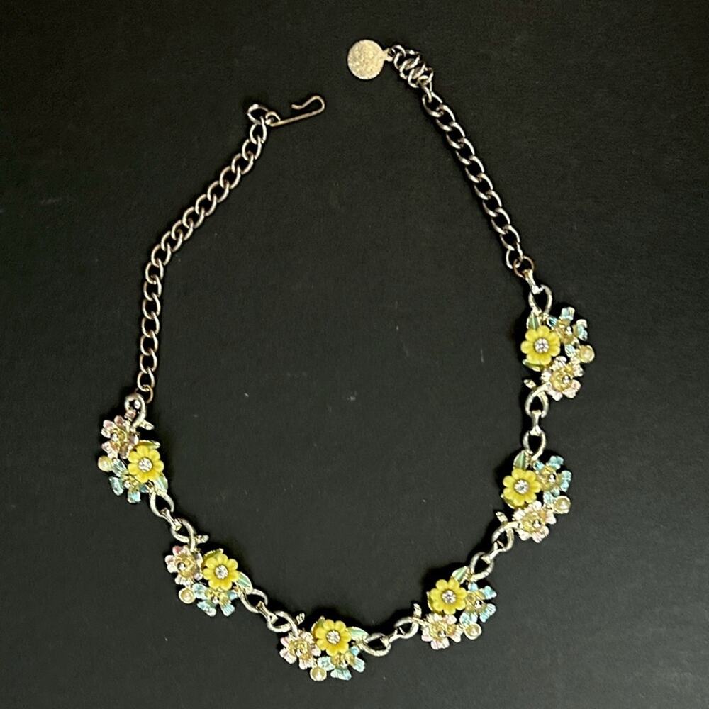 Vintage Pastel Floral Necklace with Rhinestones and Adjustable Chain Back